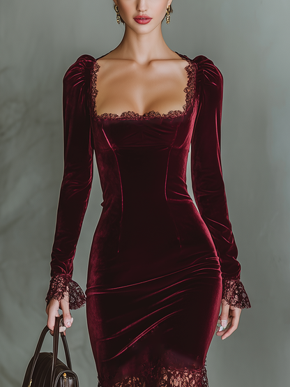 Damen-Maxikleid aus bordeauxrotem Samt und Spitze mit figurbetontem Schnitt