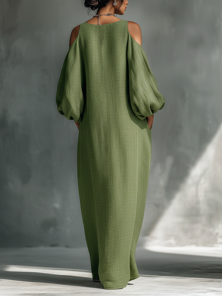 Vestido largo verde claro para mujer, con hombros descubiertos, mangas abullonadas extragrandes y bolsillos laterales