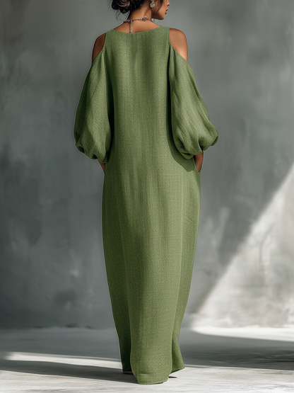 Vestido largo verde claro para mujer, con hombros descubiertos, mangas abullonadas extragrandes y bolsillos laterales