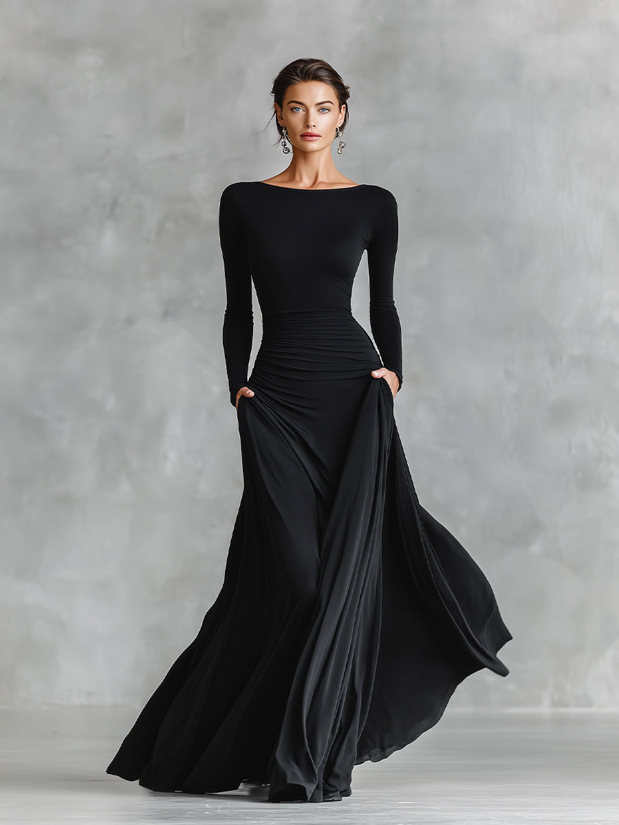 Vestido maxi feminino preto moderno de crepe com franzido e decote canoa