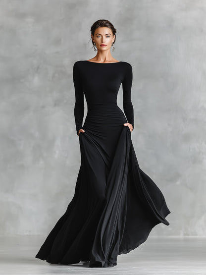 Vestido maxi feminino preto moderno de crepe com franzido e decote canoa