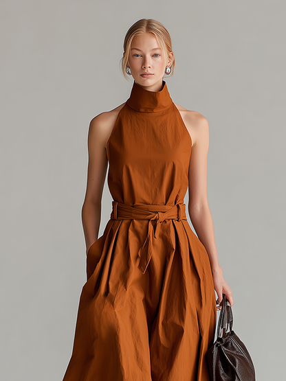 Women's Rust Cotton Dress With Halter Neck & Self-Tie Waist Belt, Timeless Minimalist-Elegant Style Dress