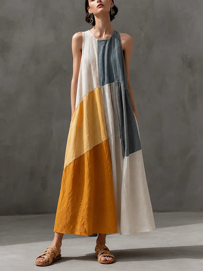 Soleil | Patchwork Cotton-Linen Sleeveless Maxi Dress