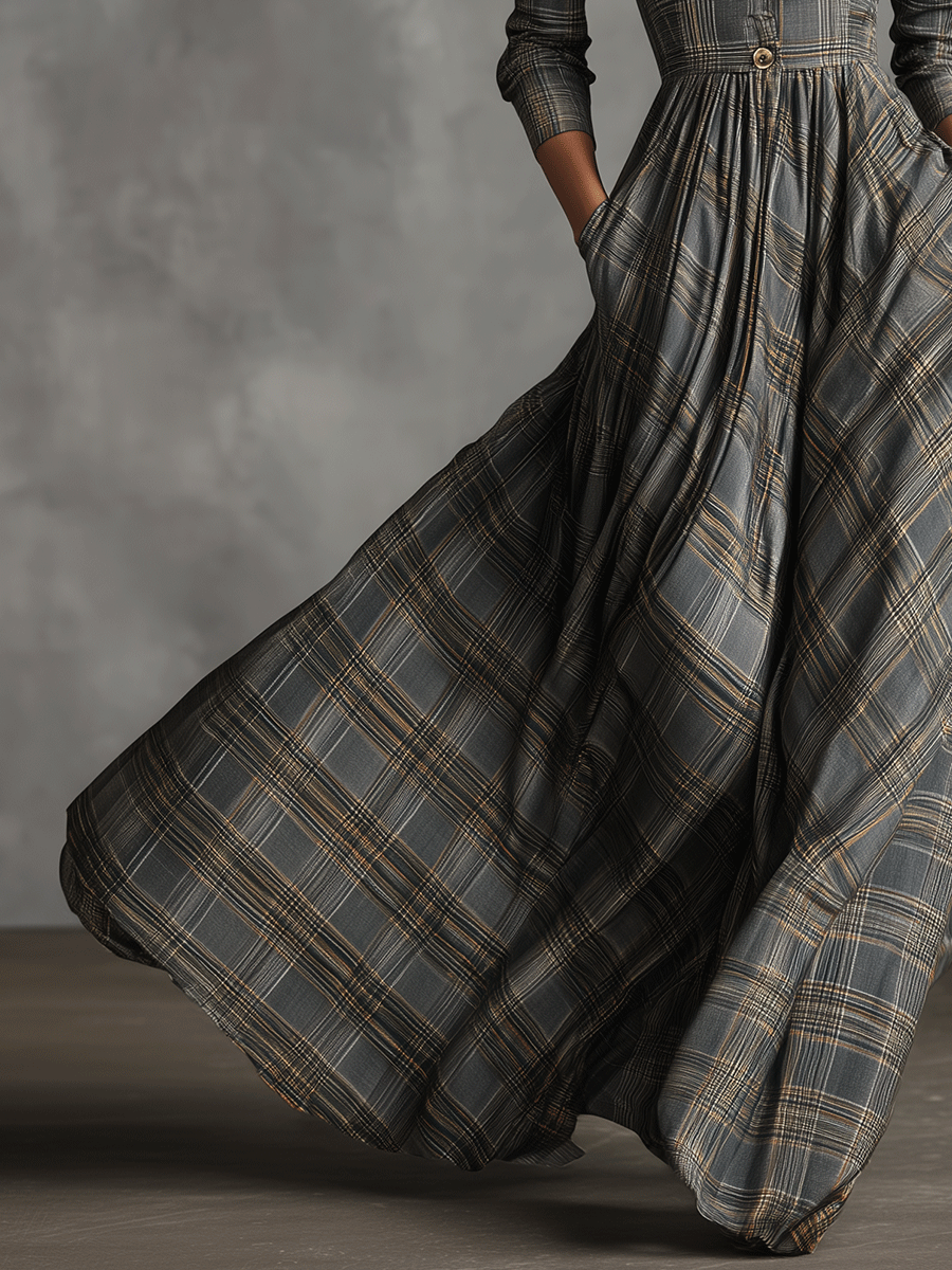 Damen-Maxikleid in Grau mit elegantem Tartanmuster aus Leinenmischgewebe und ausgestelltem Schnitt
