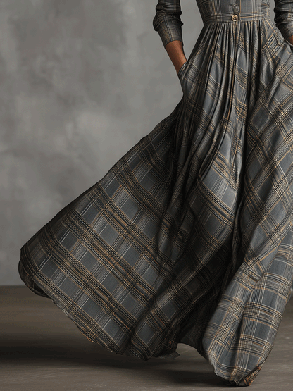 Damen-Maxikleid in Grau mit elegantem Tartanmuster aus Leinenmischgewebe und ausgestelltem Schnitt