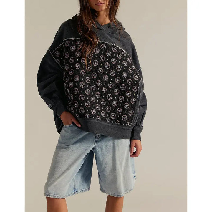 EMILY™ - Sudadera con capucha bordada de patchwork extragrande con bolsillos
