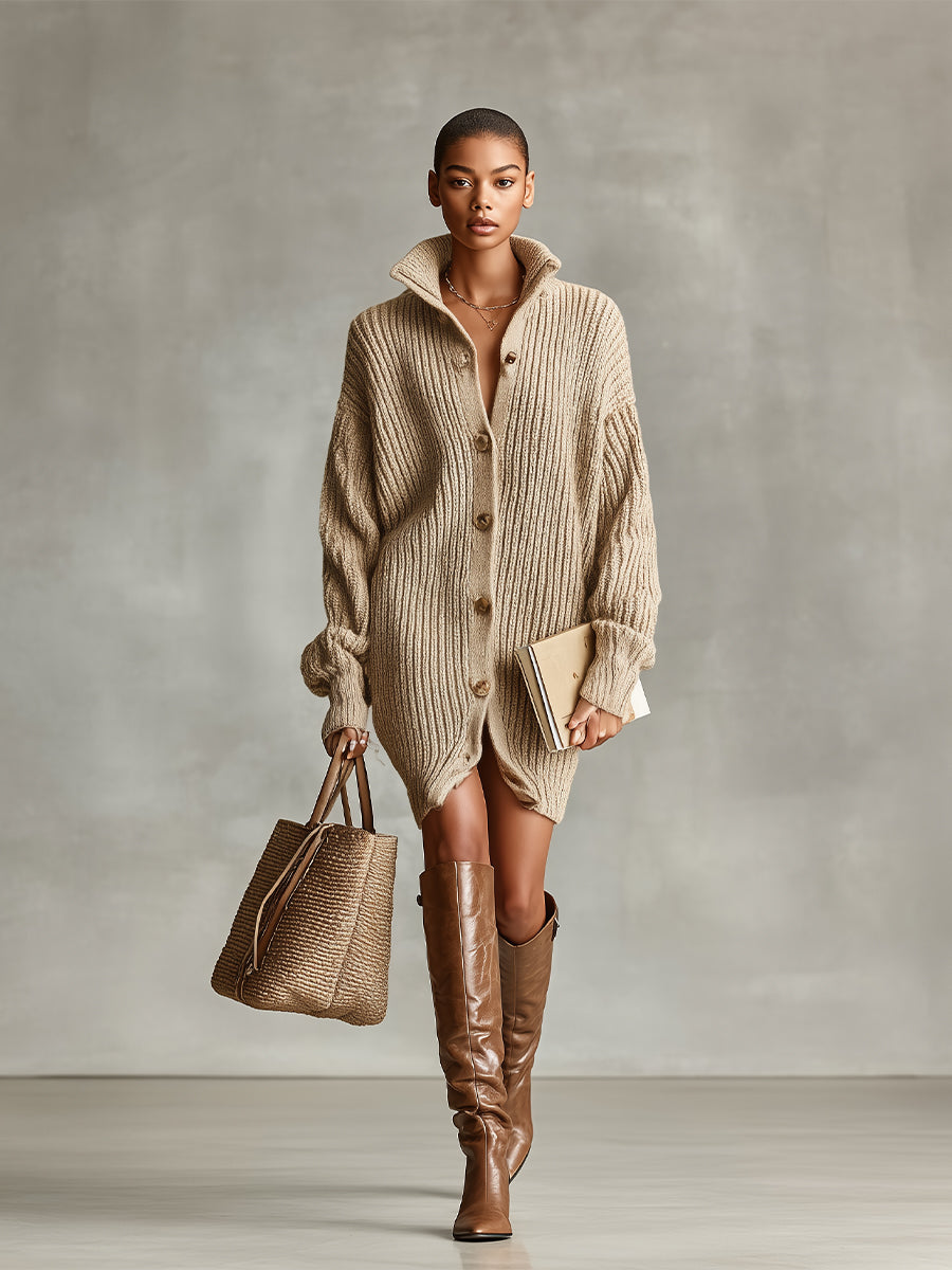 Vestido cardigan mini oversized elegante de camelo com botões frontais feminino
