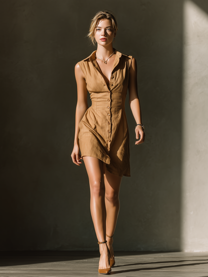 Minivestido camisero de lino color camel para mujer, sin mangas y con tapeta de botones