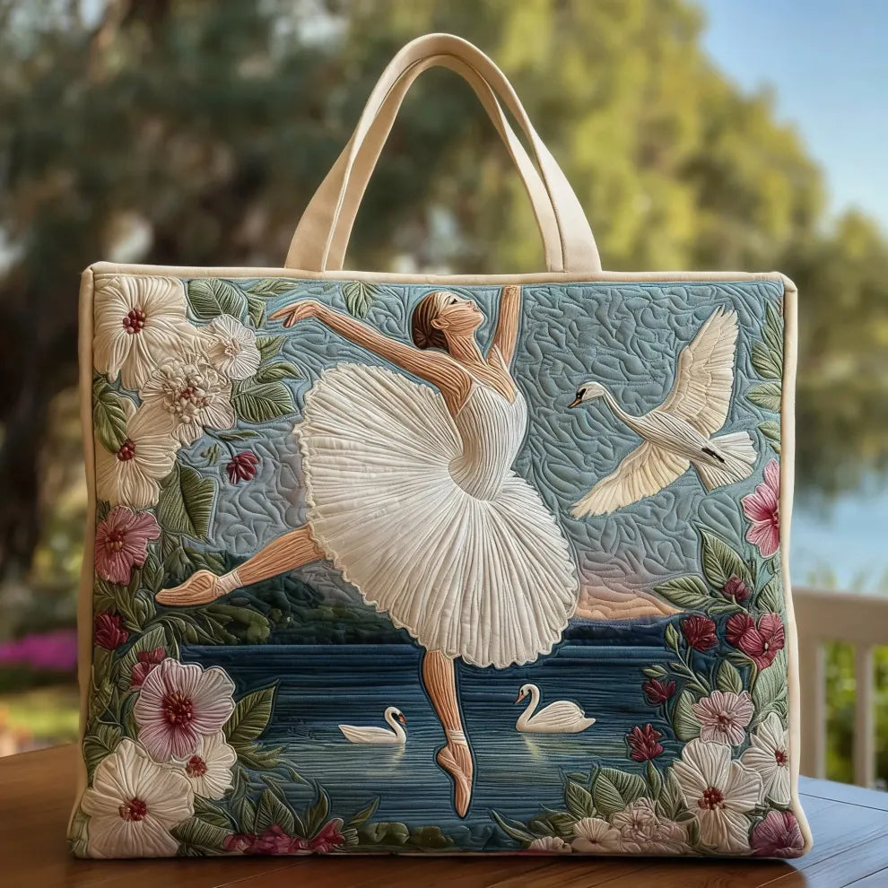 Swan Ballet Elegance | Handgefertigte gesteppte Tragetasche