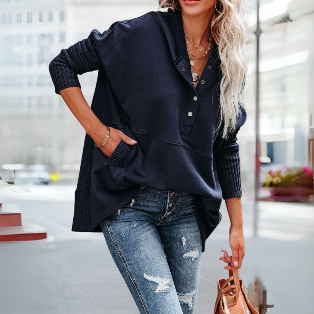 SORAYA™ - Moletom confortável oversized com capuz, decote em V e mangas longas