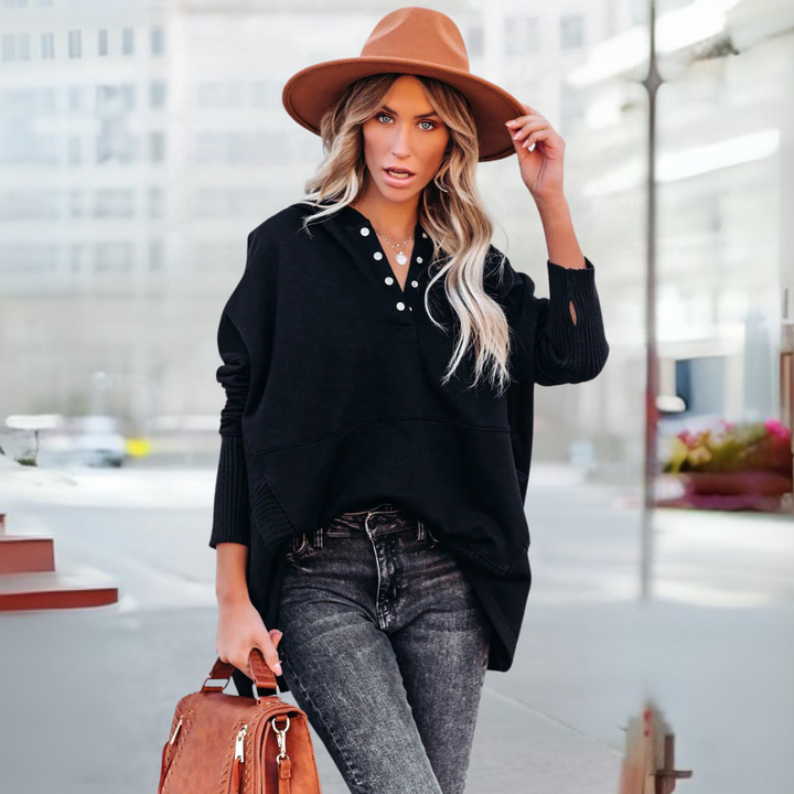 SORAYA™ - Moletom confortável oversized com capuz, decote em V e mangas longas