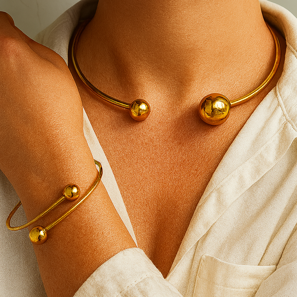 Minimalistisches Glow-Halsband- und Manschettenarmband-Set | Gold