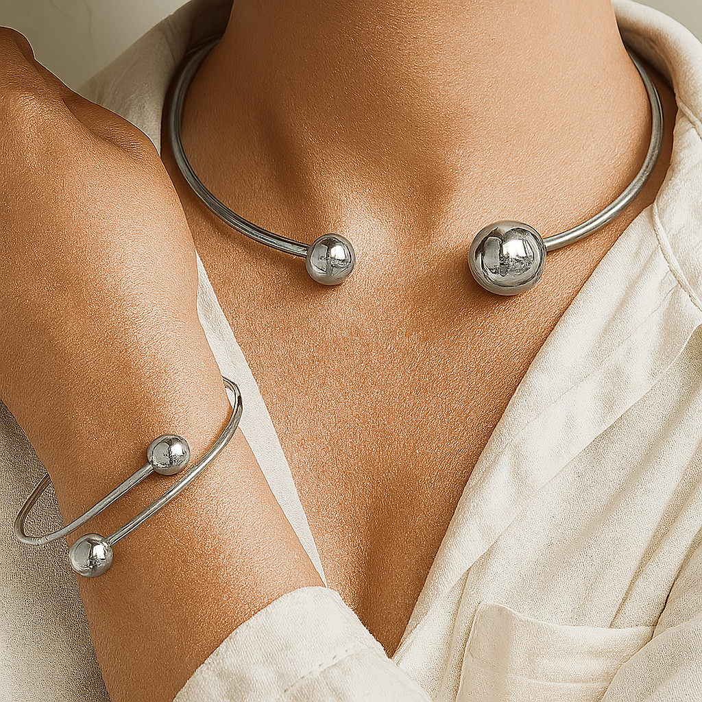Minimalistisches Glow-Halsband- und Manschettenarmband-Set | Gold