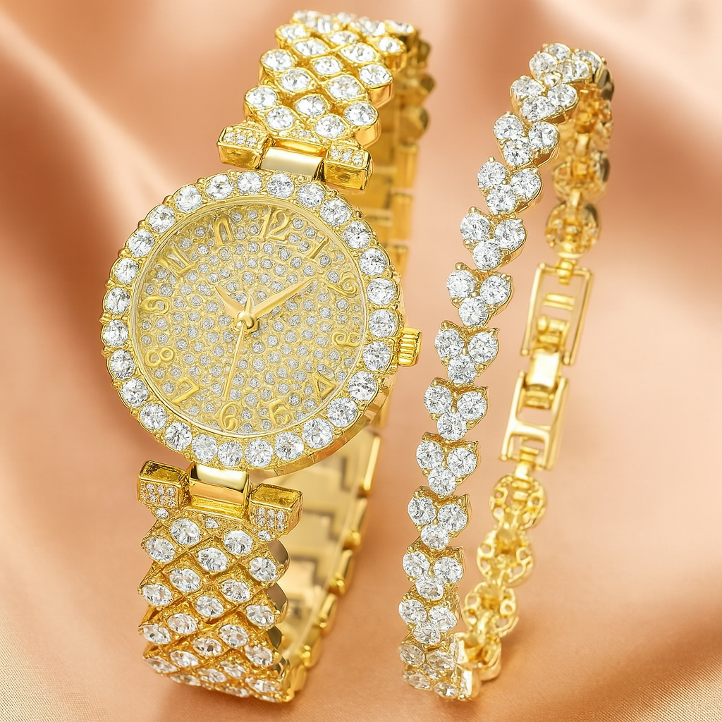 Conjunto de Relógio e Pulseira Dourados Luxe Radiance | Dourado