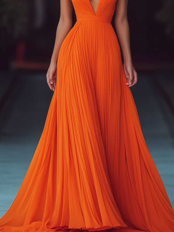 VESPERINA | Vestido maxi plisado halter con escote en V