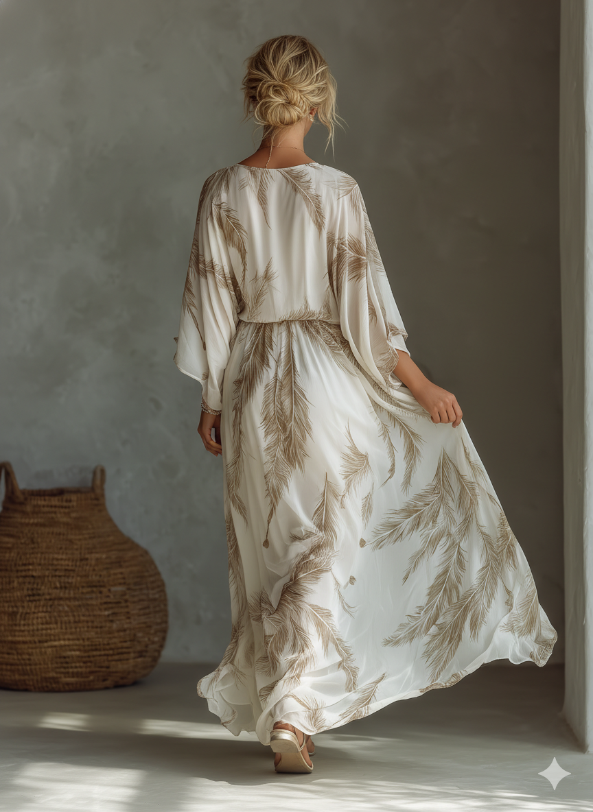 Women's Ivory And Taupe Chiffon Fabric Dolman Sleeve Maxi Dress With Twist Front & Palm Leaf Print