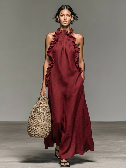 Vestido largo sin mangas minimalista para mujer, mezcla de lino, con detalles de volantes MDZ1622A0Y