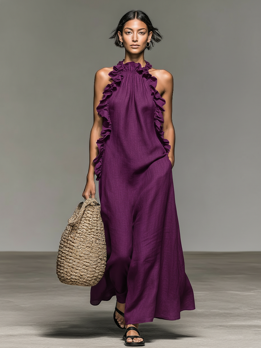 Vestido largo sin mangas minimalista para mujer, mezcla de lino, con detalles de volantes MDZ1622A0Y