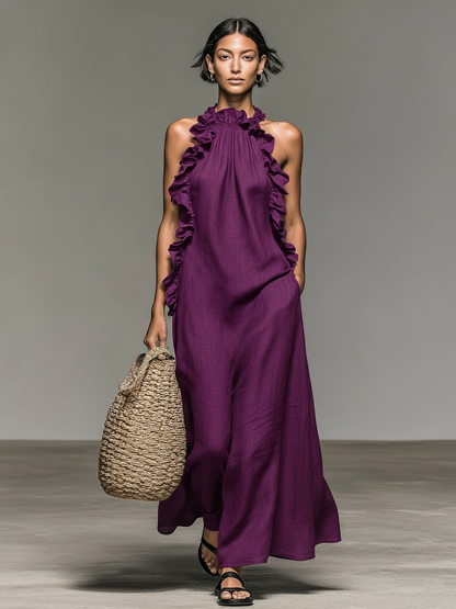 Vestido largo sin mangas minimalista para mujer, mezcla de lino, con detalles de volantes MDZ1622A0Y