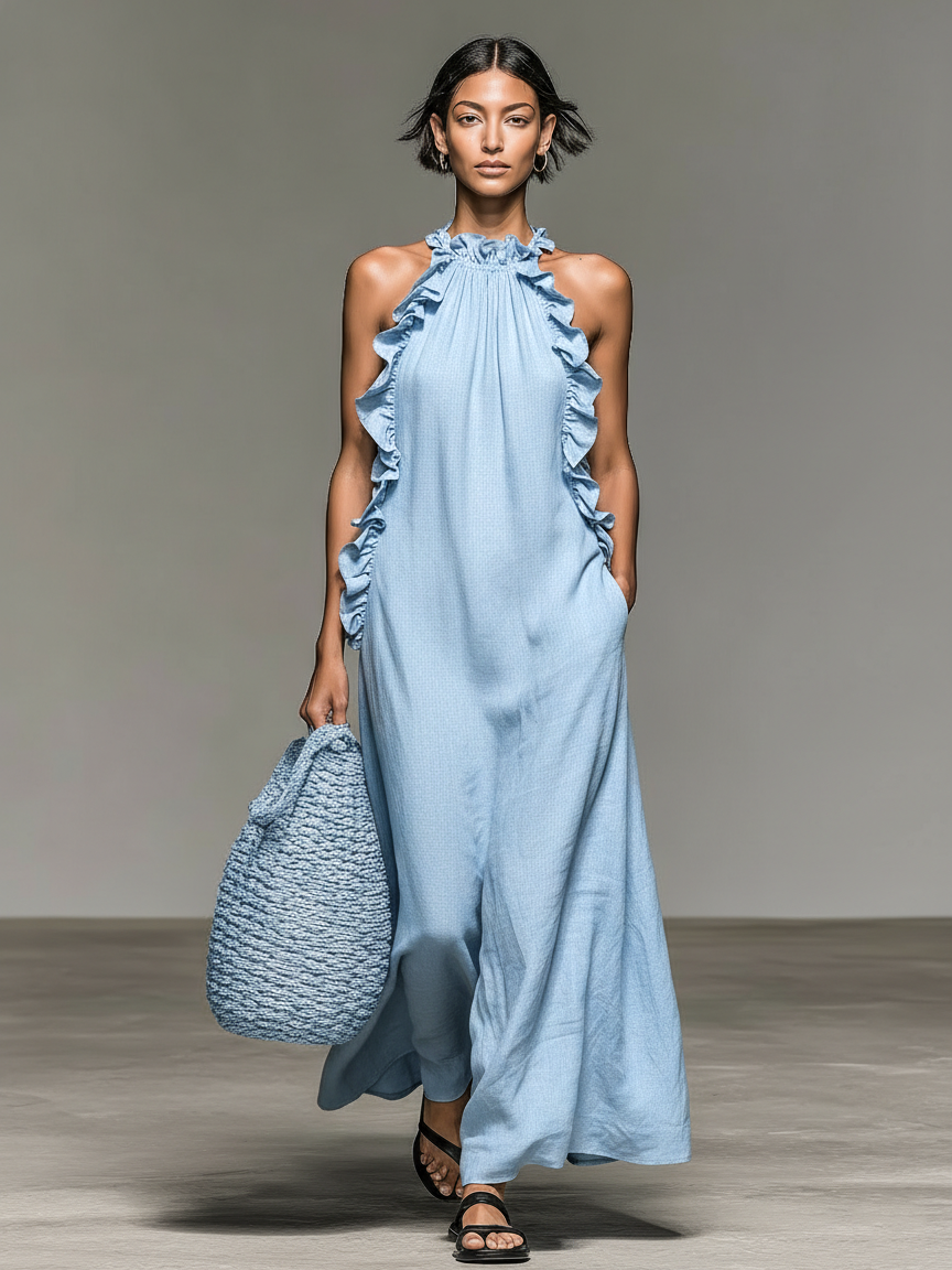 Vestido largo sin mangas minimalista para mujer, mezcla de lino, con detalles de volantes MDZ1622A0Y