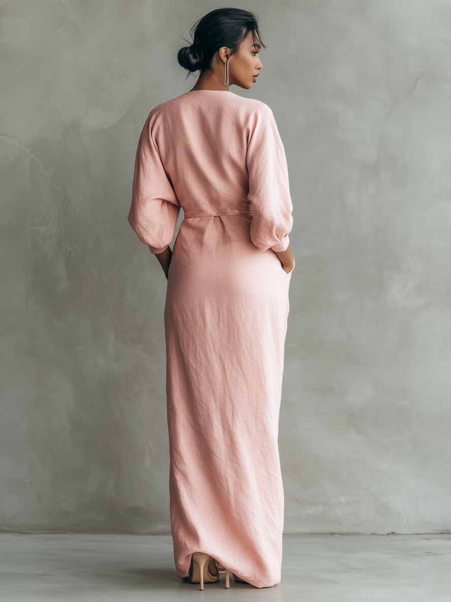 Vestido maxi minimalista para mujer con mezcla de lino y escote en V