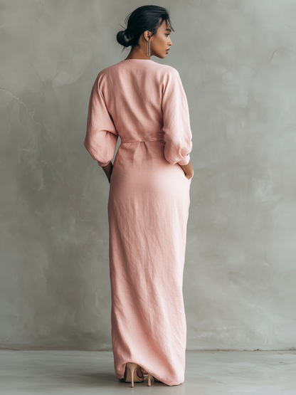 Vestido maxi minimalista para mujer con mezcla de lino y escote en V