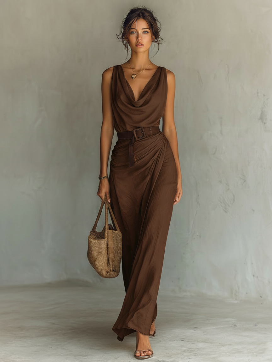 Vestido feminino minimalista longo, sem mangas, com gola drapeada e faixa na cintura