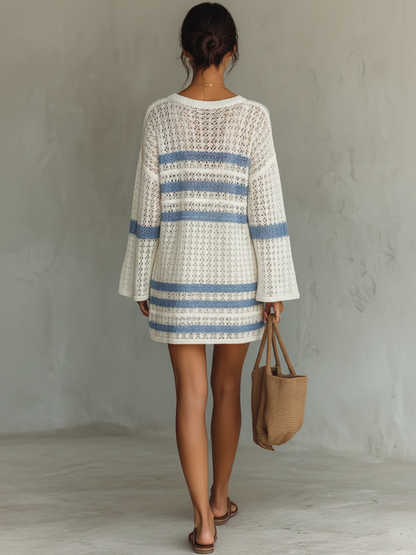 Women's Vacation Style Openwork Knit Striped Mini Dress