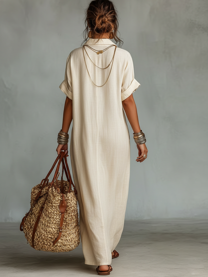 Vestido largo camisero minimalista para mujer, de mezcla de lino, con bordado y mangas cortas