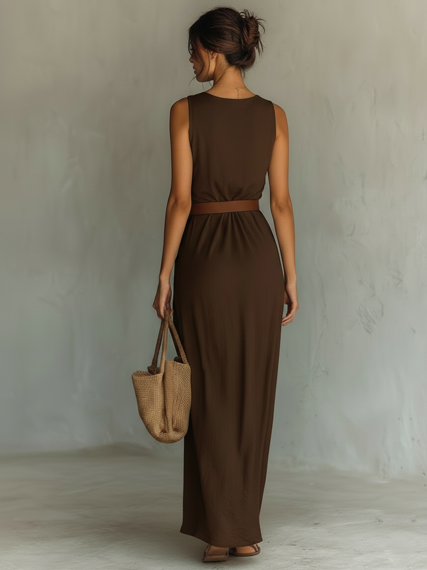 Vestido feminino minimalista longo, sem mangas, com gola drapeada e faixa na cintura