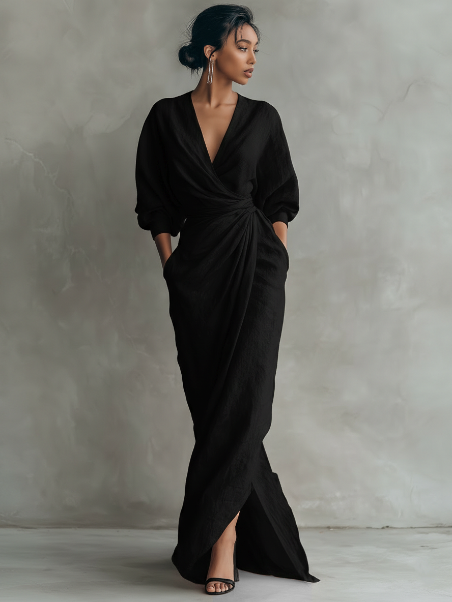 Vestido maxi minimalista para mujer con mezcla de lino y escote en V