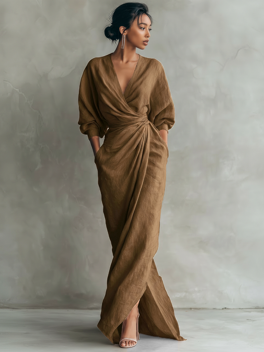 Vestido maxi minimalista para mujer con mezcla de lino y escote en V