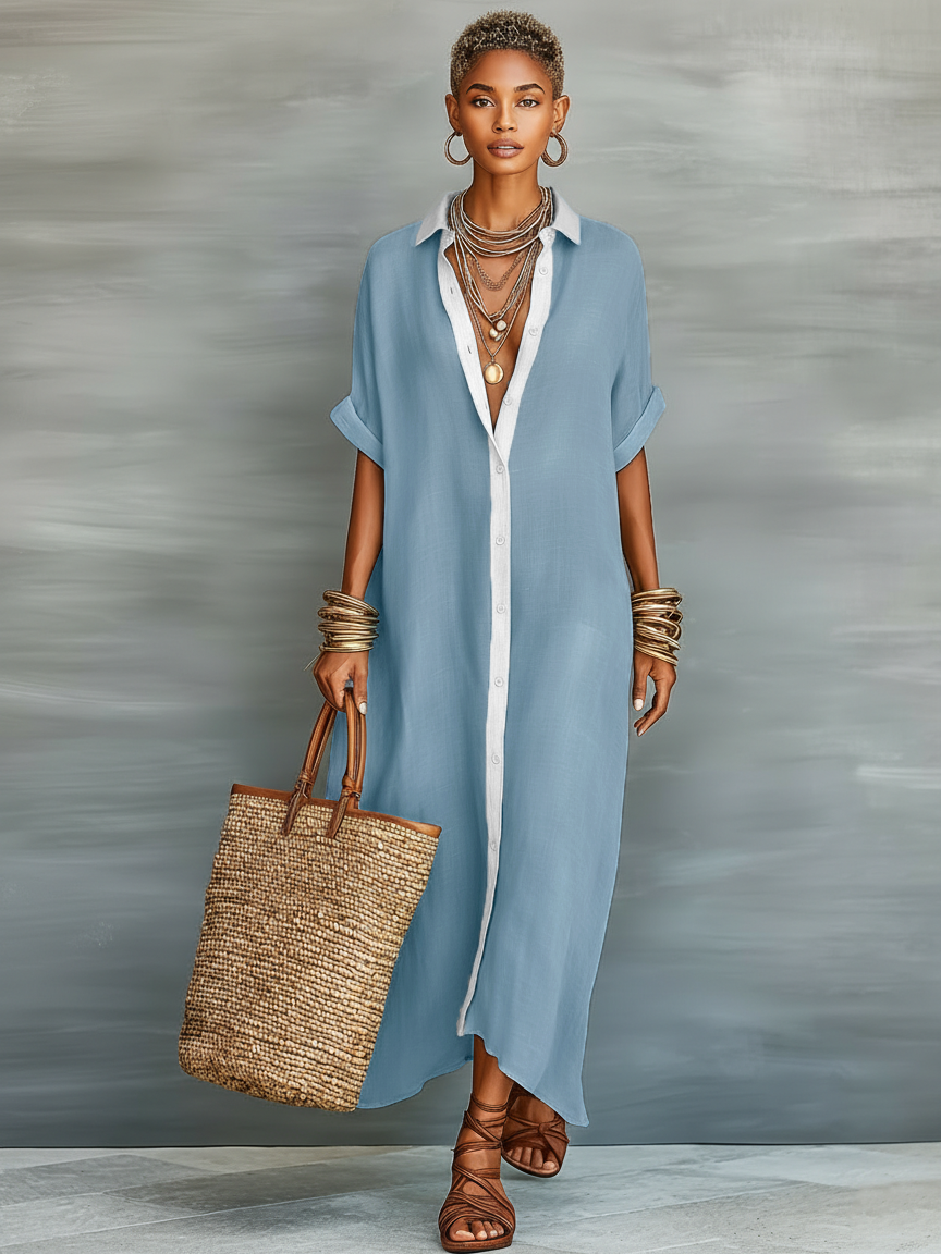 Vestido maxi feminino minimalista de linho misto com mangas curtas