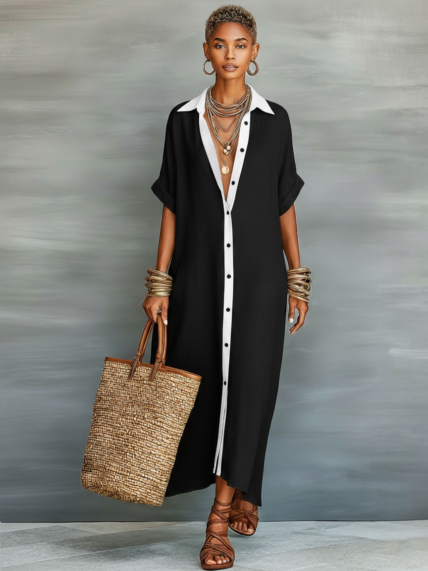Vestido maxi feminino minimalista de linho misto com mangas curtas
