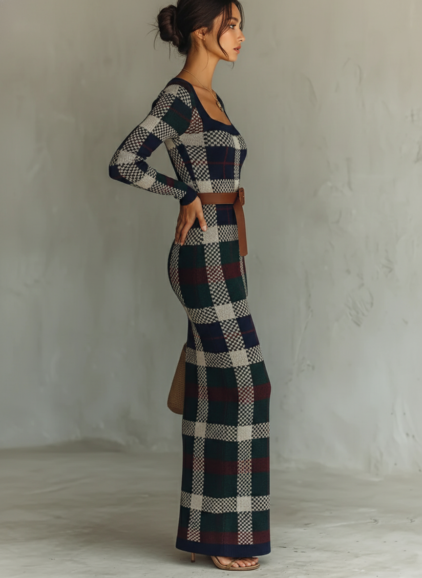 Vestido feminino minimalista longo de tricô xadrez, com cinto e decote quadrado