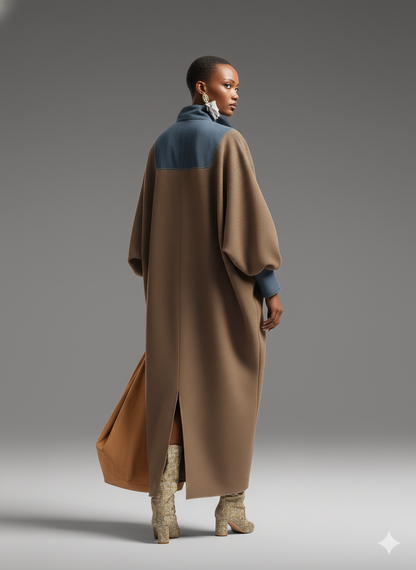 Damen-Langkleid aus braunem, doppelseitig gebürstetem Stoff und blauem Denim mit Stehkragen und lockerem Schnitt