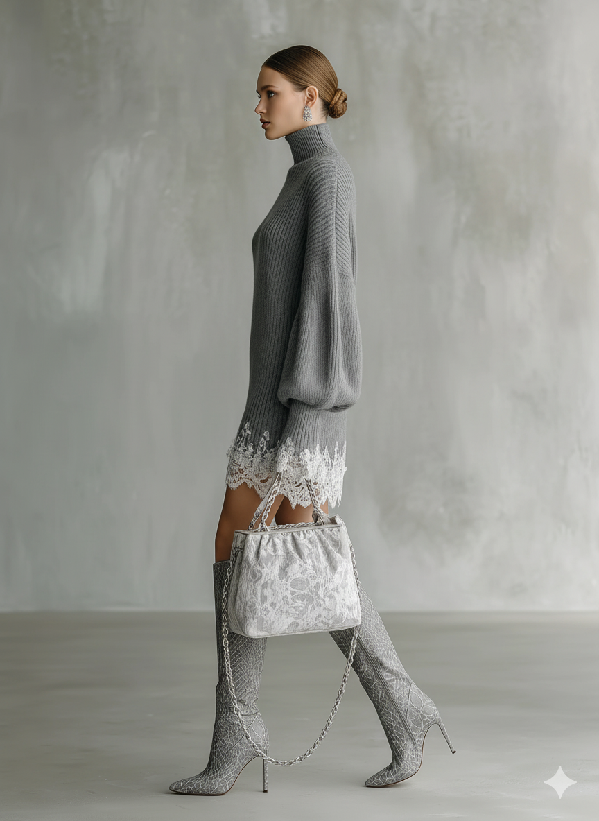 Graues Strick-Minikleid für Damen mit weißem Spitzenrollkragen, bequem