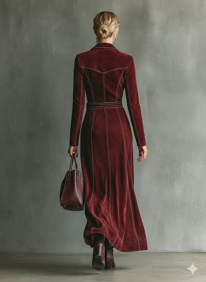 Women's Burgundy Retro Faux Suede Color-Contrast Maxi Dress