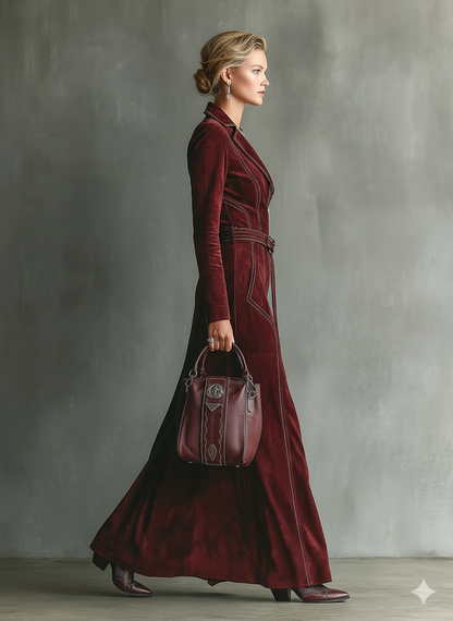 Women's Burgundy Retro Faux Suede Color-Contrast Maxi Dress