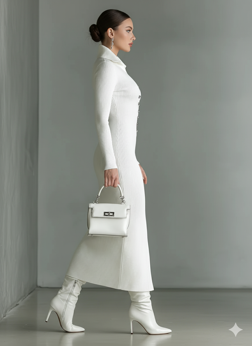Women's White Knitted Polo Neck Slim Midi Dress