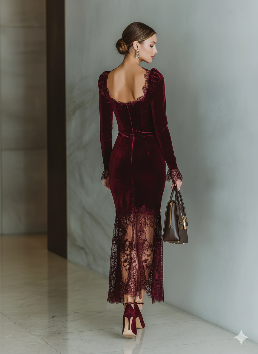 Damen-Maxikleid aus bordeauxrotem Samt und Spitze mit figurbetontem Schnitt