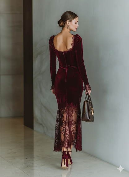 Damen-Maxikleid aus bordeauxrotem Samt und Spitze mit figurbetontem Schnitt