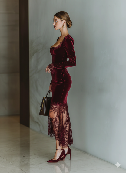 Damen-Maxikleid aus bordeauxrotem Samt und Spitze mit figurbetontem Schnitt