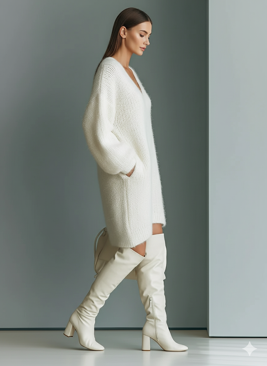 Elegantes weißes Mini-Strickkleid mit V-Ausschnitt für Damen