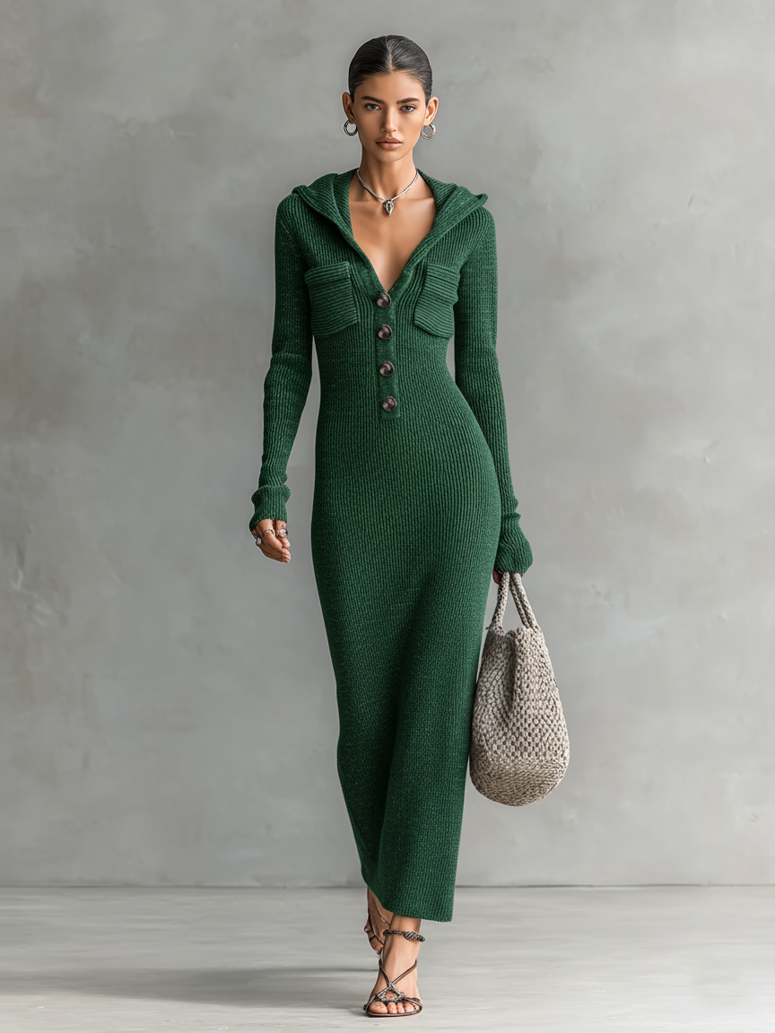 Vestido longo de tricô feminino com capuz e corte ajustado MDA1451H6Y