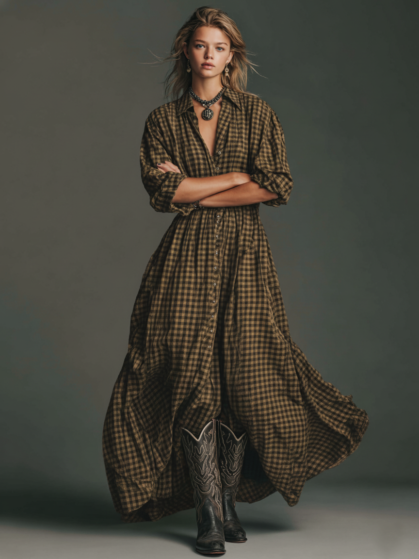 Vestido maxi feminino xadrez com mangas longas