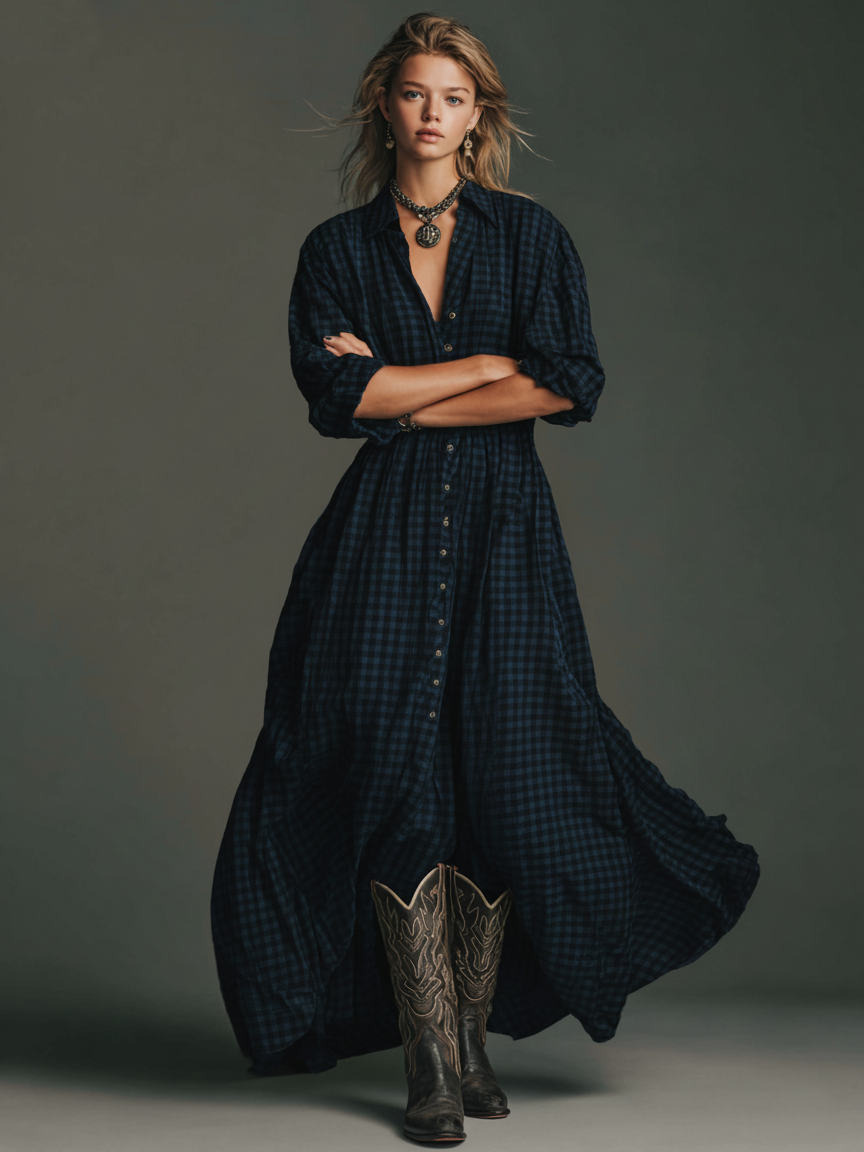 Vestido maxi feminino xadrez com mangas longas