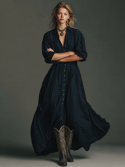 Vestido maxi feminino xadrez com mangas longas