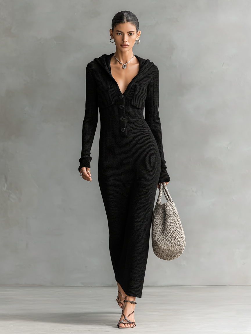 Vestido longo de tricô feminino com capuz e corte ajustado MDA1451H6Y