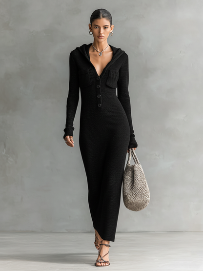 Vestido longo de tricô feminino com capuz e corte ajustado MDA1451H6Y